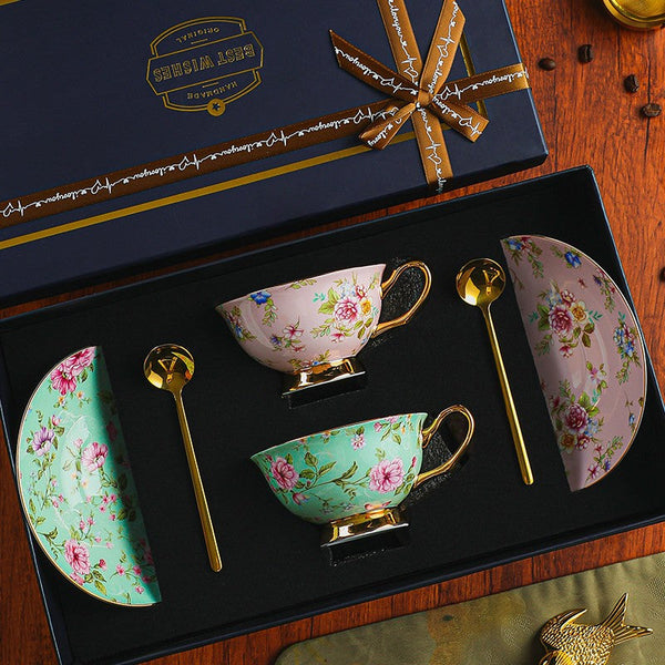 Floral Ceramic Coffee Cup with Saucer Set of 2 Cups, Creative Porcelain Tea Cup Saucer Set, 6.8 oz Tea Cup and Saucer in Gift Box, Beautiful British Tea Cup and Saucer-Paintingforhome