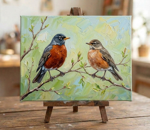 Hand Painted Canvas Art, American Robin Birds Painting, Original Oil Paintings, Love Bird Couple Painting, Small Canvas Paintings, Original Oil Paintings on Canvas