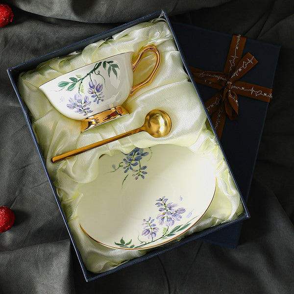 Elegant Ceramic Coffee Cup and Saucer, 7.4 oz Floral Porcelain Tea Cup and Saucer Set, Flower Porcelain Cup and Saucer Set, Beautiful British Flower Tea Cups-Paintingforhome