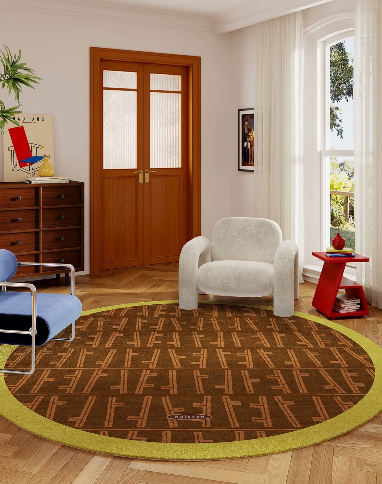 Mid Century Circular Rugs for Bedroom, Abstract Contemporary Round Rugs under Chairs, Modern Rugs for Dining Room, Geometric Modern Rugs for Living Room-Paintingforhome