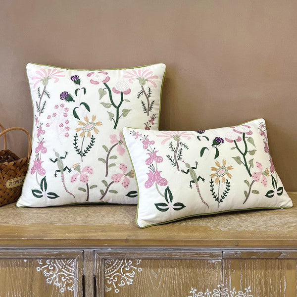 Embroider Flower Cotton Pillow Covers, Spring Flower Decorative Throw Pillows, Farmhouse Sofa Decorative Pillows, Flower Decorative Throw Pillows for Couch-Paintingforhome