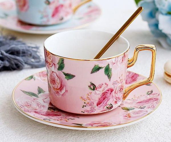Porcelain Coffee Cups, British Tea Cups, Yellow Coffee Cups with Gold Trim and Gift Box, Rose Flower Tea Cup and Saucer, Latte Coffee Cups-Paintingforhome
