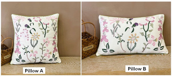 Embroider Flower Cotton Pillow Covers, Spring Flower Decorative Throw Pillows, Farmhouse Sofa Decorative Pillows, Flower Decorative Throw Pillows for Couch-Paintingforhome