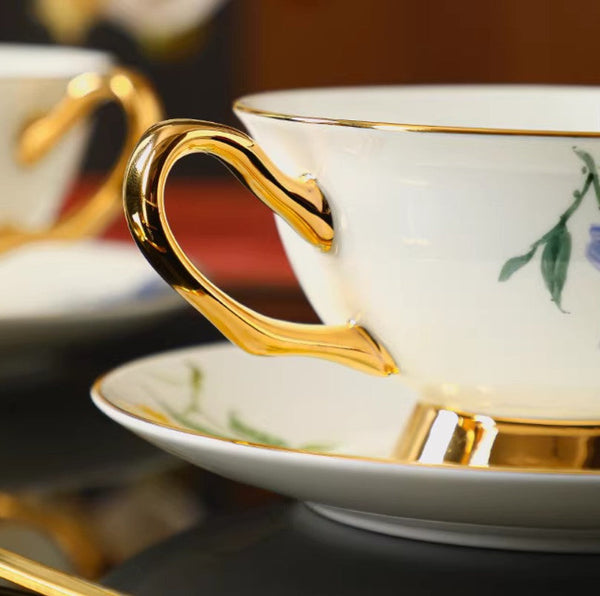 Ceramic Coffee Cup and Saucer, Flower Porcelain Cup and Saucer Set, 7.4 oz British Flower Tea Cups, Floral Porcelain Tea Cup and Saucer Set-Paintingforhome