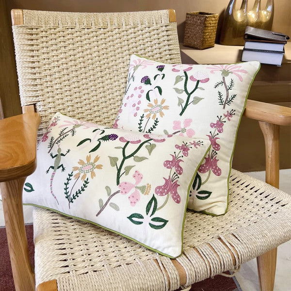 Embroider Flower Cotton Pillow Covers, Spring Flower Decorative Throw Pillows, Farmhouse Sofa Decorative Pillows, Flower Decorative Throw Pillows for Couch-Paintingforhome