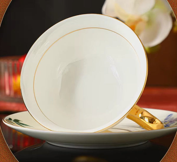 Ceramic Coffee Cup and Saucer, Flower Porcelain Cup and Saucer Set, 7.4 oz British Flower Tea Cups, Floral Porcelain Tea Cup and Saucer Set-Paintingforhome