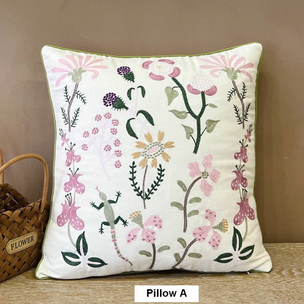 Embroider Flower Cotton Pillow Covers, Spring Flower Decorative Throw Pillows, Farmhouse Sofa Decorative Pillows, Flower Decorative Throw Pillows for Couch-Paintingforhome