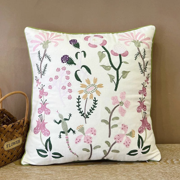 Embroider Flower Cotton Pillow Covers, Spring Flower Decorative Throw Pillows, Farmhouse Sofa Decorative Pillows, Flower Decorative Throw Pillows for Couch-Paintingforhome