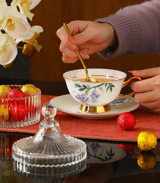 Ceramic Coffee Cup and Saucer, Flower Porcelain Cup and Saucer Set, 7.4 oz British Flower Tea Cups, Floral Porcelain Tea Cup and Saucer Set-Paintingforhome