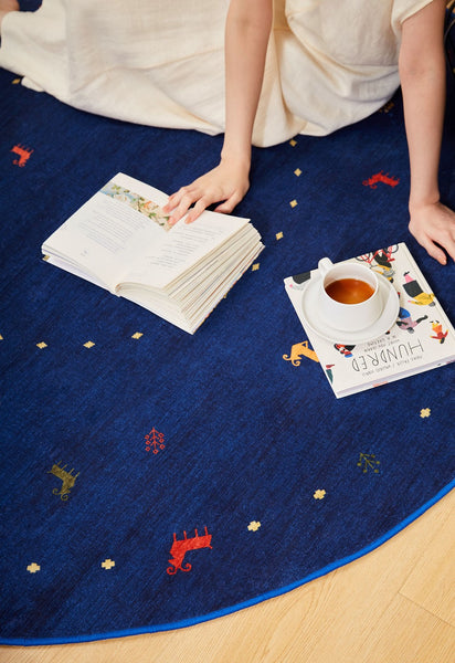 Blue Circular Modern Rugs for Bathroom, Geometric Modern Rug Ideas for Living Room, Modern Rugs for Children's Room, Abstract Contemporary Round Rugs for Dining Room-Paintingforhome