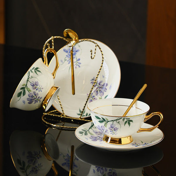 Elegant Ceramic Coffee Cup and Saucer, 7.4 oz Floral Porcelain Tea Cup and Saucer Set, Flower Porcelain Cup and Saucer Set, Beautiful British Flower Tea Cups-Paintingforhome