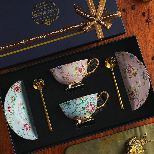 Creative Porcelain Tea Cup Saucer Set of 2 Cups, 6.8 oz Tea Cup and Saucer in Gift Box, Floral Ceramic Coffee Cup with Saucer, Beautiful British Tea Cup and Saucer-Paintingforhome