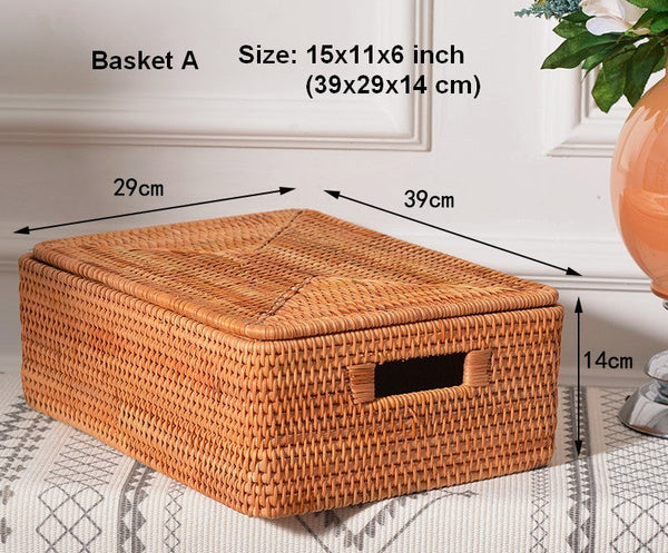 Rectangular Storage Basket with Lid, Rattan Basket, Storage Basket for Shelves, Storage Baskets for Bathroom, Bedroom Storage Baskets-Paintingforhome