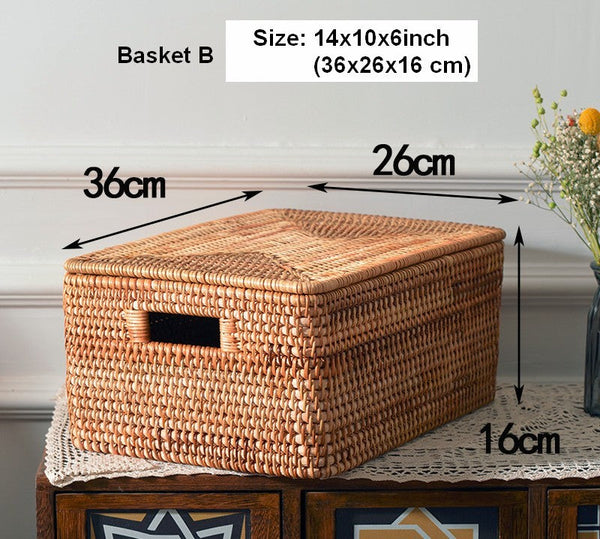 Rectangular Storage Basket with Lid, Rattan Basket, Storage Basket for Shelves, Storage Baskets for Bathroom, Bedroom Storage Baskets-Paintingforhome