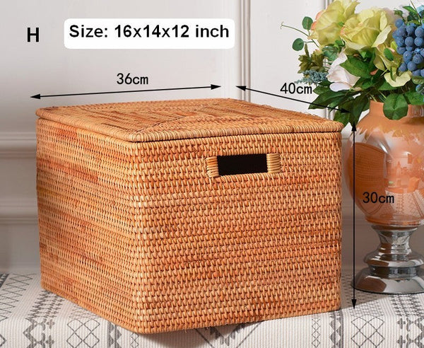 Extra Large Rattan Storage Baskets for Clothes, Rectangular Storage Basket with Lid, Kitchen Storage Baskets, Oversized Storage Baskets for Bedroom-Paintingforhome