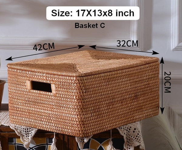 Rectangular Storage Basket with Lid, Rattan Basket, Storage Basket for Shelves, Storage Baskets for Bathroom, Bedroom Storage Baskets-Paintingforhome