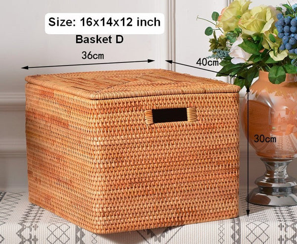 Rectangular Storage Basket with Lid, Rattan Basket, Storage Basket for Shelves, Storage Baskets for Bathroom, Bedroom Storage Baskets-Paintingforhome