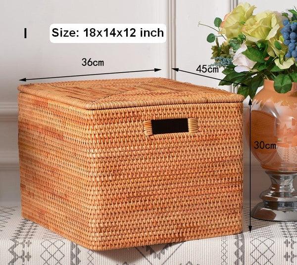Extra Large Rattan Storage Baskets for Clothes, Rectangular Storage Basket with Lid, Kitchen Storage Baskets, Oversized Storage Baskets for Bedroom-Paintingforhome