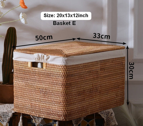Rectangular Storage Basket with Lid, Rattan Basket, Storage Basket for Shelves, Storage Baskets for Bathroom, Bedroom Storage Baskets-Paintingforhome