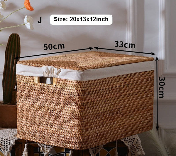 Extra Large Rattan Storage Baskets for Clothes, Rectangular Storage Basket with Lid, Kitchen Storage Baskets, Oversized Storage Baskets for Bedroom-Paintingforhome