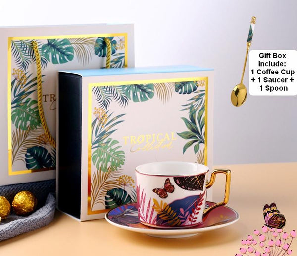 Elegant Porcelain Coffee Cups, Coffee Cups with Gold Trim and Gift Box, 7.4 oz Tea Cup and Saucer, Jungle Animal Porcelain Coffee Cups-Paintingforhome