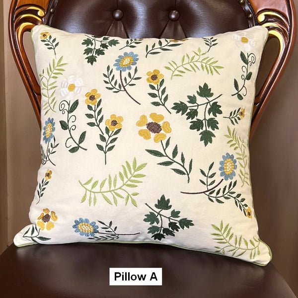 Farmhouse Decorative Throw Pillows, Spring Flower Sofa Decorative Pillows, Embroider Flower Cotton Pillow Covers, Flower Decorative Throw Pillows for Couch-Paintingforhome