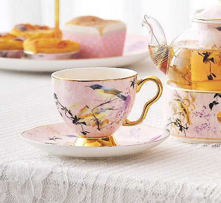 Elegant Pink Ceramic Coffee Cups, Unique Bird Flower Tea Cup and Saucer in Gift Box as Birthday Gift, Beautiful British Tea Cups, Royal Porcelain Tea Cup Set-Paintingforhome