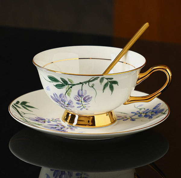 Elegant Ceramic Coffee Cup and Saucer, 7.4 oz Floral Porcelain Tea Cup and Saucer Set, Flower Porcelain Cup and Saucer Set, Beautiful British Flower Tea Cups-Paintingforhome
