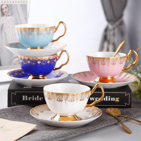 Pink Blue White Porcelain Tea Cup Saucer Set, Unique British Tea Cup and Saucer in Gift Box, Elegant British Ceramic Coffee Cups for Traditional Afternoon Tea-Paintingforhome