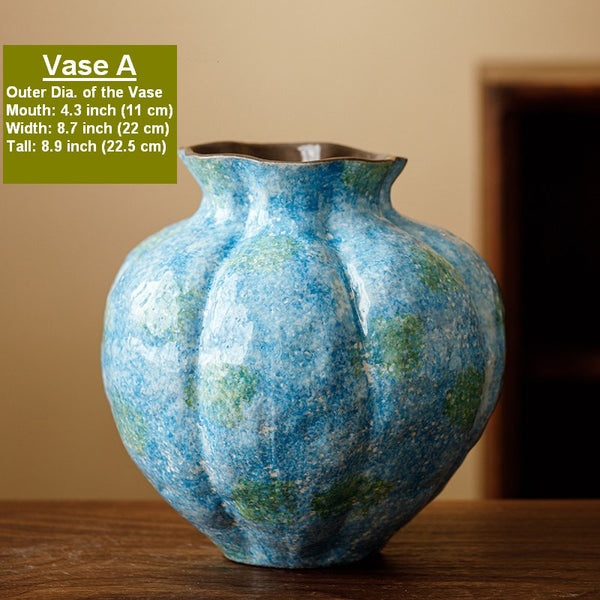 Centerpiece on Dining Table, Blue Flower Vase on Table, Handmade Water Holding Flower Vases, Pottery Flower Vases, Modern Bouquet Flower Vases-Paintingforhome