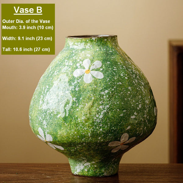 Modern Pottery Flower Vases, Centerpiece on Dining Table, Handmade Water Holding Flower Vases, Pottery Bud Vases, Large Green Flower Vases on Table-Paintingforhome