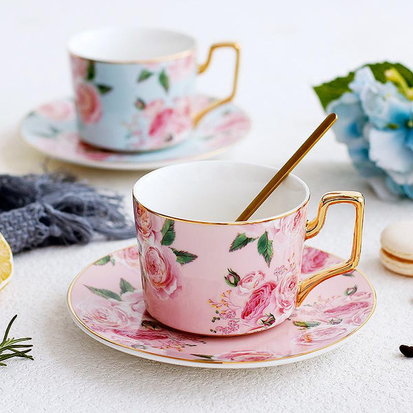 Porcelain Coffee Cups, British Tea Cups, Yellow Coffee Cups with Gold Trim and Gift Box, Rose Flower Tea Cup and Saucer, Latte Coffee Cups-Paintingforhome
