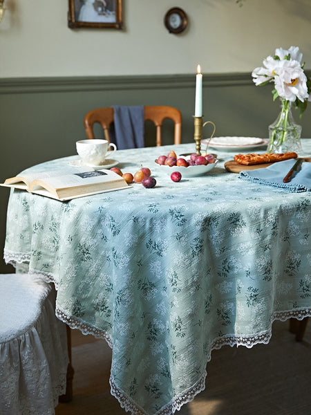 Green Rectangle Tablecloth Ideas for Dining Room Table, Flower Pattern Tablecloth for Round Table, Rustic Farmhouse Table Cover for Kitchen-Paintingforhome