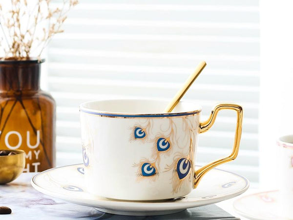 Peacock Tail Pattern Porcelain Coffee Cups, British Tea Cups, Coffee Cups with Gold Trim and Gift Box, Tea Cup and Saucer-Paintingforhome
