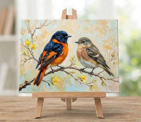Love Bird Couple Painting, Bullfich Bird Painting, Hand Painted Canvas Art, Original Oil Paintings, Small Canvas Wall Art Paintings, Buy Original Oil Paintings Online