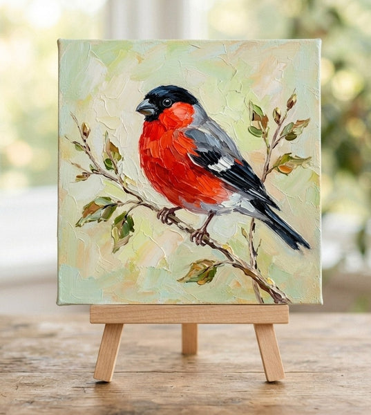 Original Small Paintings, Bullfinch Bird Painting, Heavy Texture Painting, Hand Painted Canvas Art, Bird Art on Canvas, Miniature Wall Art