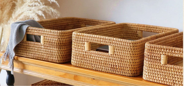 Storage Basket for Shelves, Large Rectangular Storage Baskets, Storage Baskets for Kitchen, Woven Rattan Storage Baskets for Bedroom-Paintingforhome