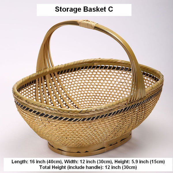Natural Hand-woven Bamboo Basket, Extra Large Picnic Food Basket with Handle, Lovely Bamboo Baskets for Vegetable, Natural Fruit Basket Kitchen Storage Baskets-Paintingforhome