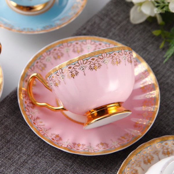 Unique British Tea Cup and Saucer in Gift Box, Pink Blue White Porcelain Tea Cup Saucer Set, Elegant British Ceramic Coffee Cups for Traditional Afternoon Tea-Paintingforhome