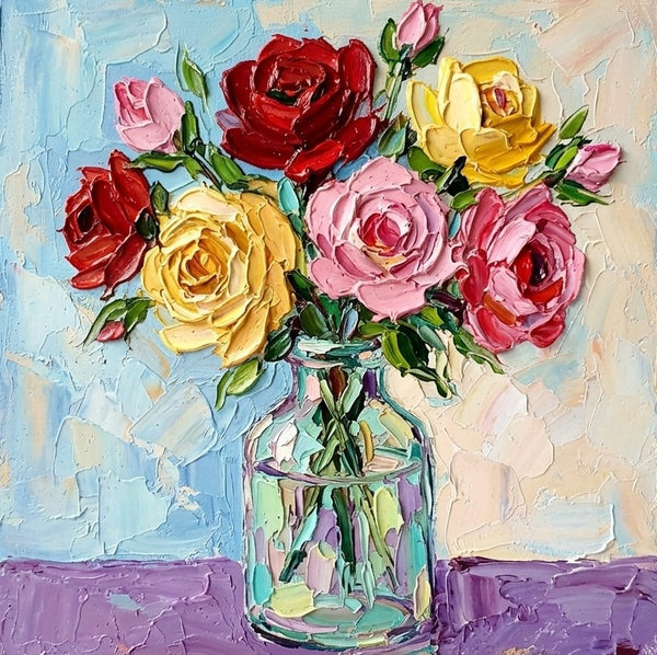 Impasto Heavy Texutre Art, Rose Flowers in Full Bloom, Still Life Painting, Hand Painted Canvas Art, Original Flower Paintings