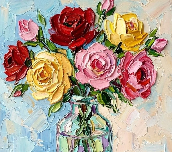 Impasto Heavy Texutre Art, Rose Flowers in Full Bloom, Still Life Painting, Hand Painted Canvas Art, Original Flower Paintings