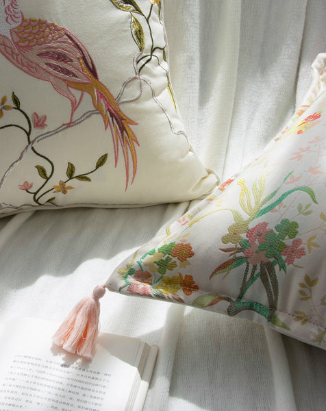 Living Room Decorative Pillows, Modern Decorative Cushions, Decorative Pillows for Bed, Decorative Pillow Arrangement Ideas for Interior Design, Embroidered Floral Bird Pattern Pillow Covers-Paintingforhome
