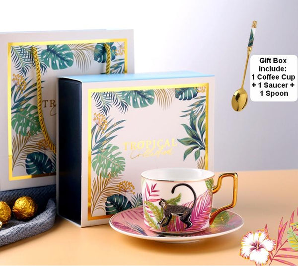 Handmade Coffee Cups with Gold Trim and Gift Box, 7.4 oz Tea Cup and Saucer, Jungle Tiger Porcelain Coffee Cups-Paintingforhome