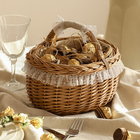 Storage Basket for Kitchen, Picnic Storage Basket with Handle, Hand-woven Wicker Storage Basket, Natural Fruit Basket, Willow Weaving Baskets for Shelves-Paintingforhome