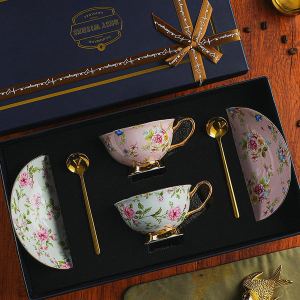 Porcelain Tea Cup Saucer Set of 2 Cups, Flower Tea Cup and Saucer Set in Gift Box, Floral Ceramic Coffee Cup with Saucer, Beautiful British Tea Cup and Saucer-Paintingforhome