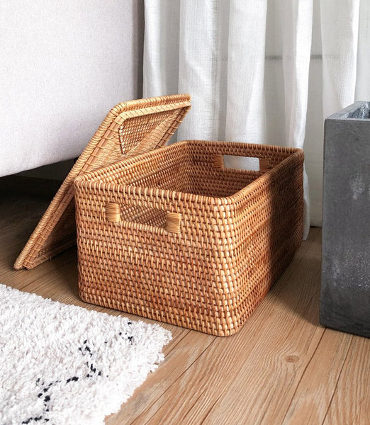 Large Rectangular Storage Baskets for Bathroom, Wicker Storage Basket with Lid, Extra Large Storage Baskets for Clothes, Storage Baskets for Shelves-Paintingforhome