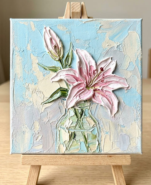 Hand Painted Canvas Art, Lily Flower in Glass Vase, Still Life Painting, Original Acrylic Flower Paintings, Impasto Artwork, Small Canvas Artwork