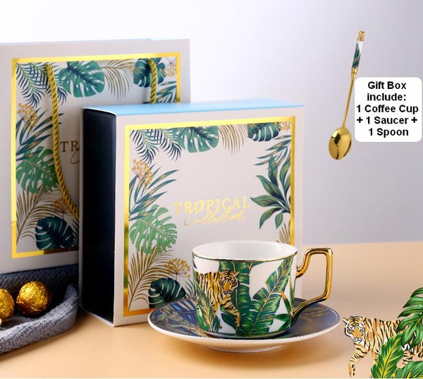 Jungle Animals Porcelain Coffee Cups, Coffee Cups with Gold Trim and Gift Box, 7.4 oz Tea Cup and Saucer-Paintingforhome