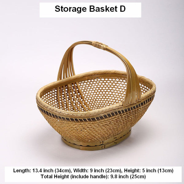 Natural Hand-woven Bamboo Basket, Extra Large Picnic Food Basket with Handle, Lovely Bamboo Baskets for Vegetable, Natural Fruit Basket Kitchen Storage Baskets-Paintingforhome
