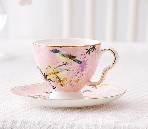 Elegant Pink Ceramic Coffee Cups, Unique Bird Flower Tea Cup and Saucer in Gift Box as Birthday Gift, Beautiful British Tea Cups, Royal Porcelain Tea Cup Set-Paintingforhome